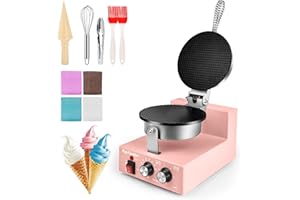 Popfoodex Commercial Waffle Cone Maker - 1200W Commercial Ice Cream Cone Maker w/ 8’’ Non-stick pan and 122–572°F Adjustable Temp, Waffle Cone Maker Machine w/Shaper Roller and Timer, for Restaurants
