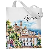 VeloKomo Spain Souvenirs Tote Bag - Cotton Travel Essentials Totes Reusable Grocery Shopping Bags Aesthetic City Handbag Appreciation Christmas New Year Birthday Gift for Women Mom Sister Friends