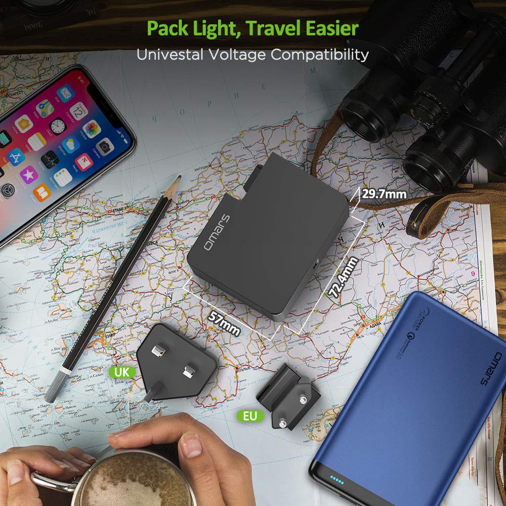 Omars USB C Wall Charger 60W PD Charger with UK EU Travel Adapter Plug for MacBook, MacBook pro 13\