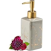 Gold Soap Dispenser for Bathroom Countertop, Square Gray Dish Soap Dispenser Pump Bottle with Golden Stripes for Kitchen Sink Laundry Shower Lotion, Ceramic Hand Dispenser Pump for Soap Liquid