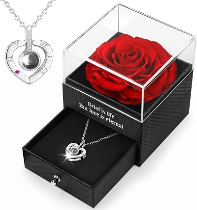 HEGUD Preserved Real Rose with I Love You Necklace Gift Box for Her