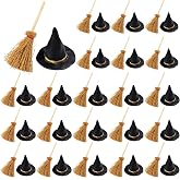 GXXMEI 50PCS/set Mini Witch Hat with Mini Broom Miniature Straw Brooms with Red Rope Plastic Witch Hats and Brooms for Halloween for Halloween Party Craft Witches Decoration Accessory