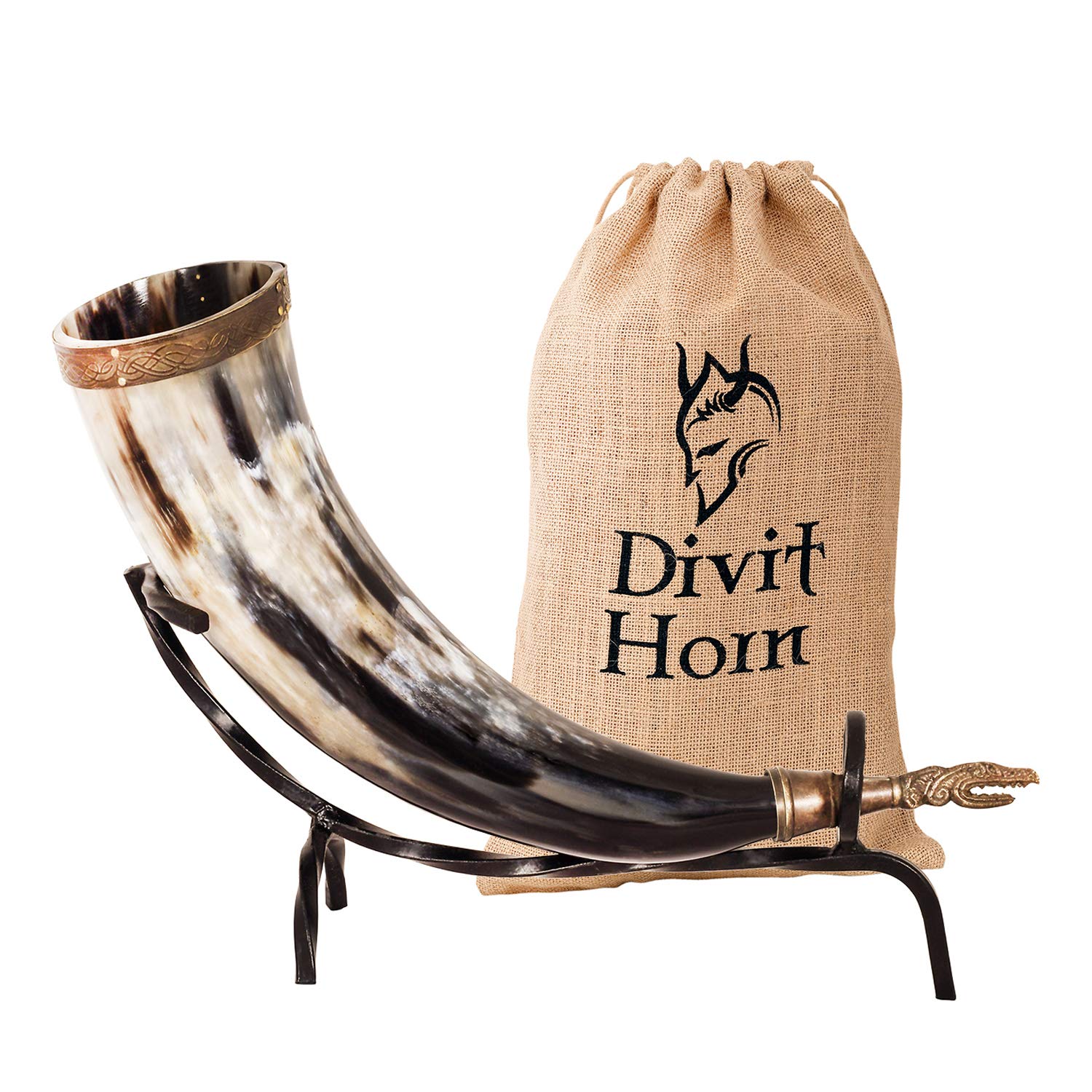 Divit Horn Genuine Viking Drinking Horn with Iron Stand | Authentic Medieval Beer Drinking Horn | Brass Adornments & Burlap Gift Sack Included | 16 oz (450-500 ml) Capacity.