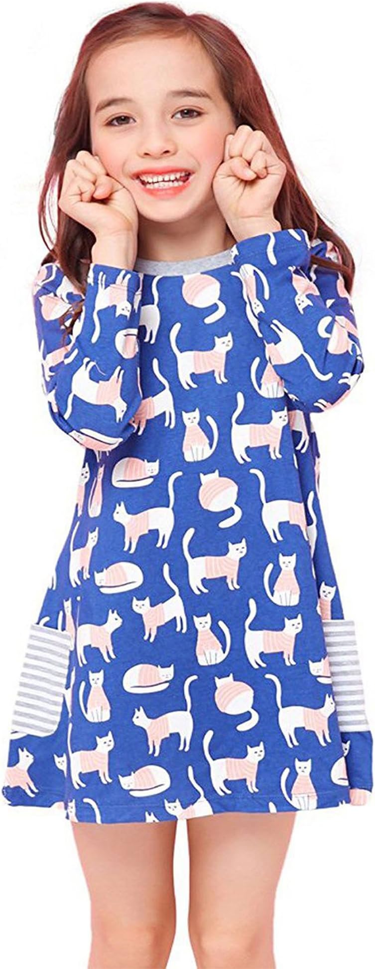 Gold Treasure Little Girls Nightgown 100% Cotton Playwear Dress Long Sleeve Sleepwear with Cartoon Pink Cat for 2-7 Years