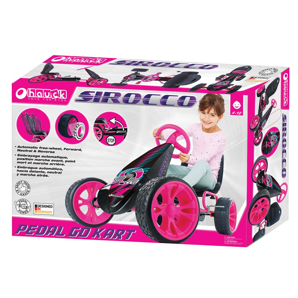 Hauck Sirocco - Racing Go Kart | Pedal Car | Low profile rubber tires | Pedal power auto-clutch free-ride | Adjustable seat - Pink, Large