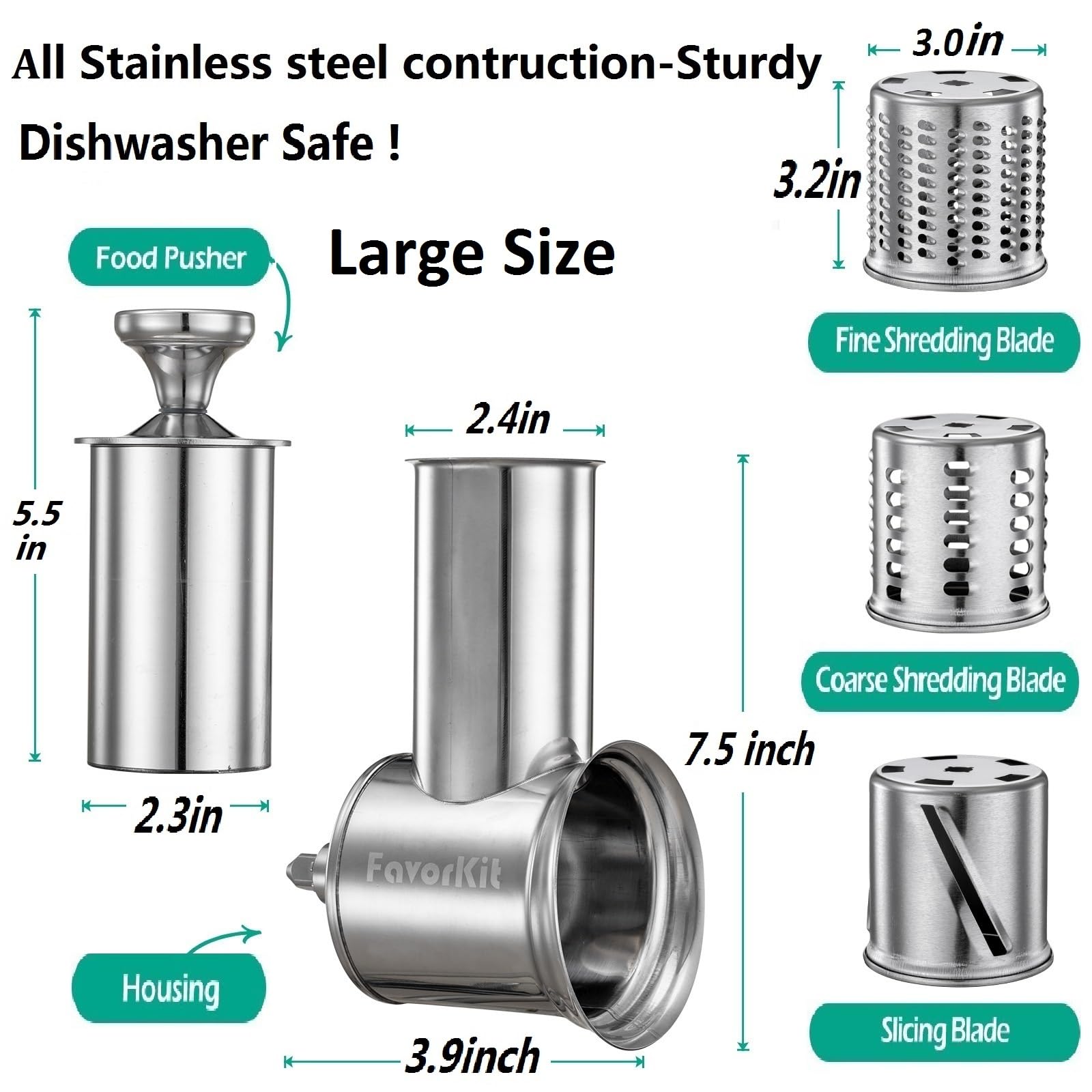 Slicer Shredder Attachment for KitchenAid Mixers, Stainless Steel Cheese Grater Salad Maker Accessories with 3 Cutting Blades,Dishwasher Safe!