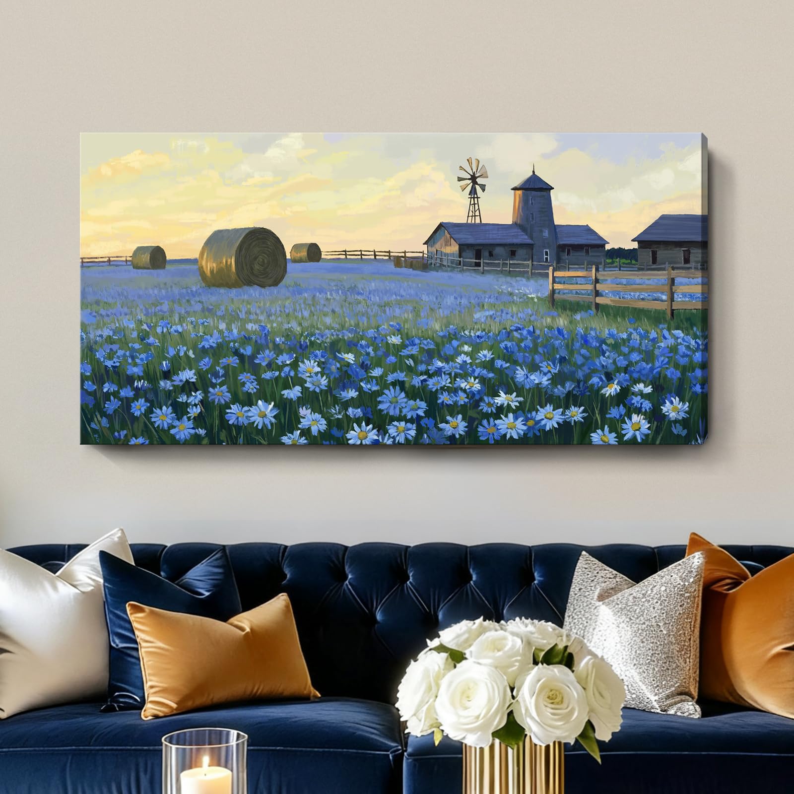 Photo 1 of ***Frame Damaged***ARTZON Large Wall Art Farmhouse Sunset Flower Art work Rustic Farm Daisy Wildflower Barn Canvas Print Landscape Blue Yellow Picture Nature Floral Artwork for Living Room Bedroom Office Decor 48"x24"