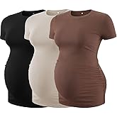 Liu & Qu Womens Maternity Shirts Ribbed Short Sleeve Maternity Tops Casual Crew Neck Side Ruched Pregnancy Clothes 3 Pack