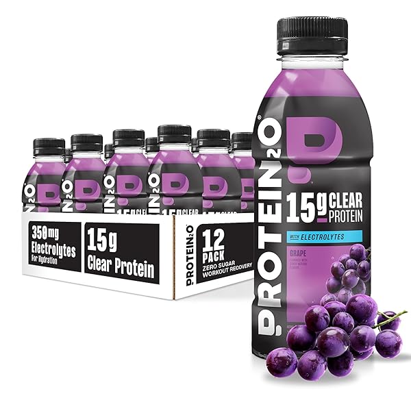 PROTEIN2O HYDRATION DRINK – 2-IN-1 LIQUID CLEAR WHEY PROTEIN ISOLATE AND ELECTROLYTE DRINK – 15G PROTEIN, VITAMINS B5, B6 – POST-WORKOUT RECOVERY – 16.9 FL OZ – 12 COUNT GRAPE