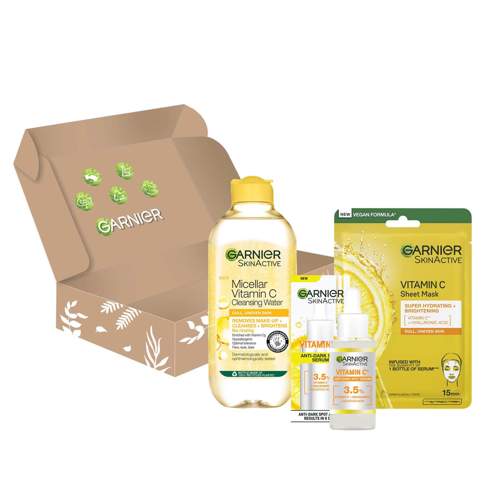 Garnier Vitamin C Brightening Essentials Set, Micellar Water, Serum and Sheet Mask, With Vitamin C and Lemon Extract For Bright Glowing Skin, SkinActive, 3 Pieces