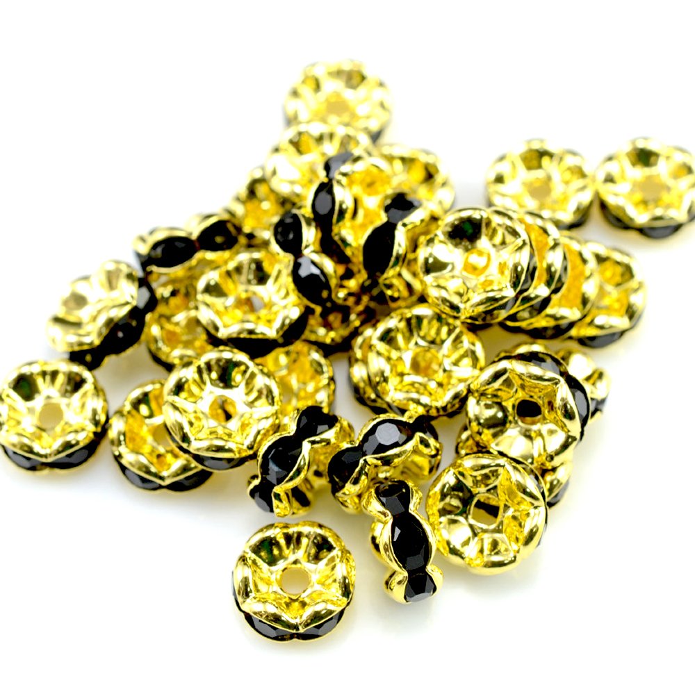 RUBYCA 100pcs Wavy Rondelle Spacer Bead Gold Tone 8mm Jet Black Czech Crystal — image 1