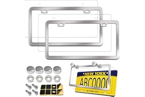 Aootf License Plate Frames Covers - Stainless Steel Car Tag Holder and Clear Flat Shield, Unbreakable Front Rear Protector with Chrome Screws Caps, 2 Sets