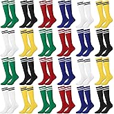 Xtinmee 24 Pairs Kids Soccer Socks Color Stretchy Compression Knee High Striped Athletic Sock for Boys Girls 7-13 Years Old