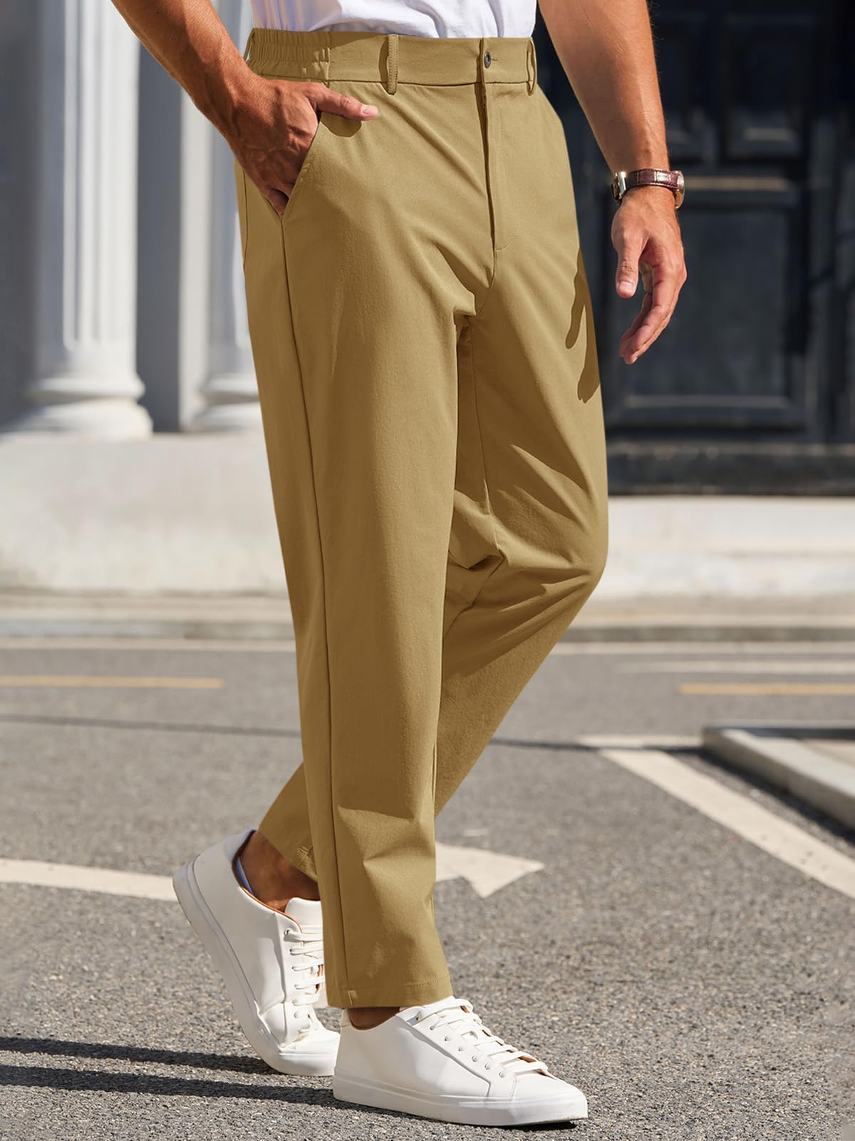 Photo 1 of Mens Casual Pants Stretch Golf Fit Dress Pants Elastic Waist Tapered Work Cropped Trousers Brown size large