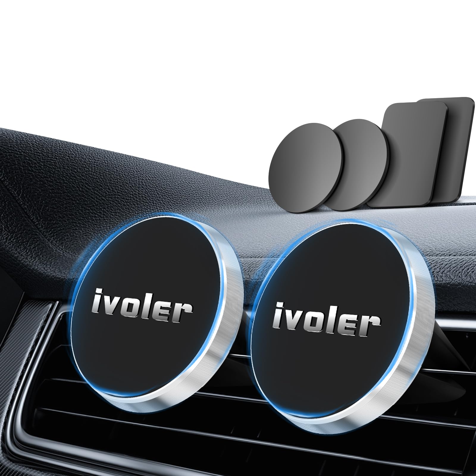 ivoler 2-Pack Car Phone Mount, Magnetic Phone Holder for Car Air Vent, Compatible with Smartphones, with 4 Metal Plates – Silver