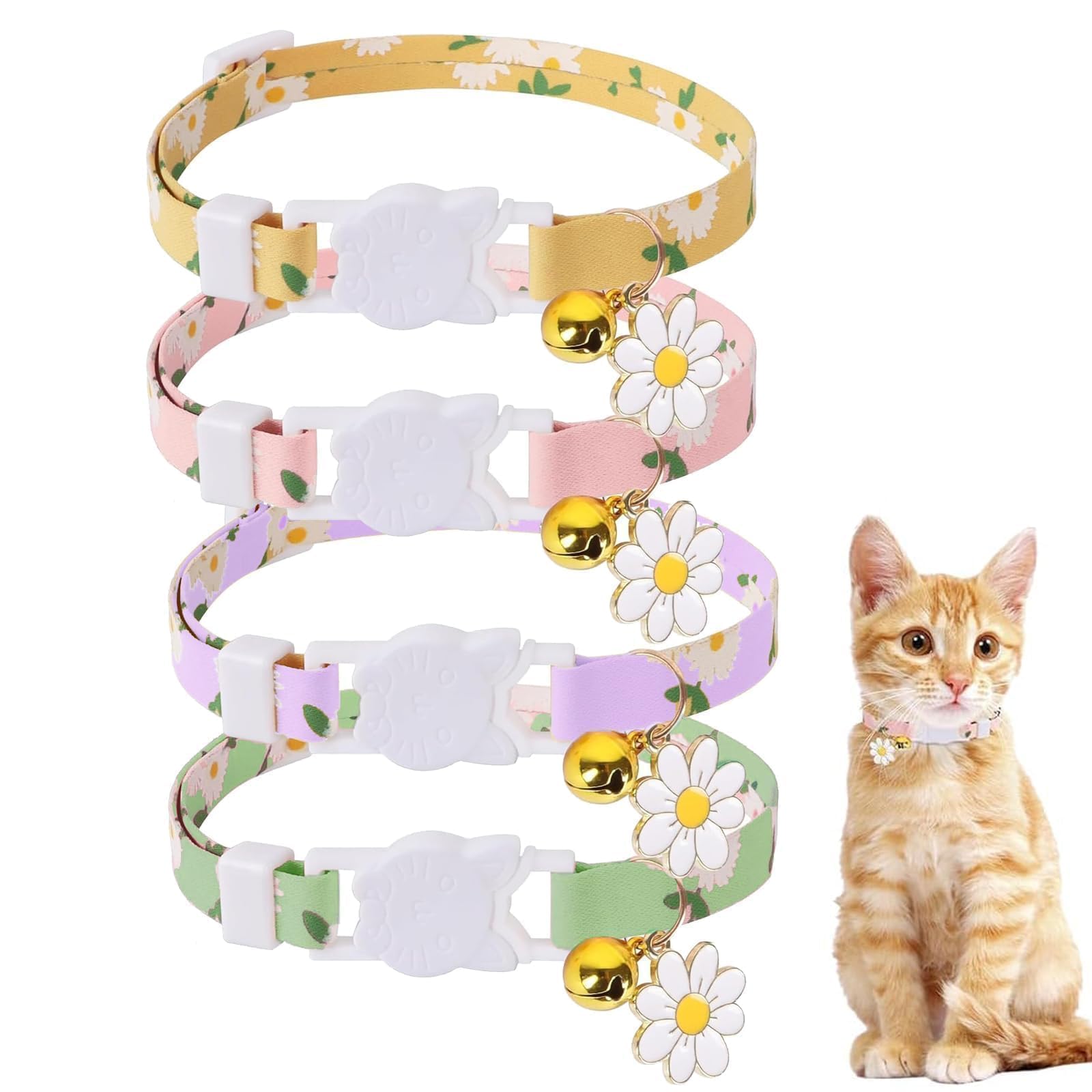 4 Pcs Cat Collars with Bell, Daisy Style Breakaway Cat Collar, Flower Pattern Quick Release Cat Collar, Adjustable Cat Collar for Small Pets