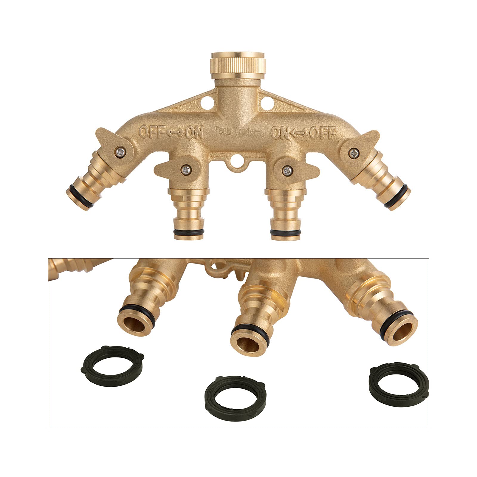 [Brass Body with Shut Off] Tech Traders 4-Way Brass Faucet Manifold Garden Hose Connector with Individual Brass Shut-Off Valve, 3/4" Tap & Outlets with Quick Connector Solid Brass Material