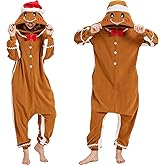 HMHMAWAHV Adult Gingerbread Man Onesie Christmas Costume, Cozy Holiday Pajamas with Santa Hat for Women and Men
