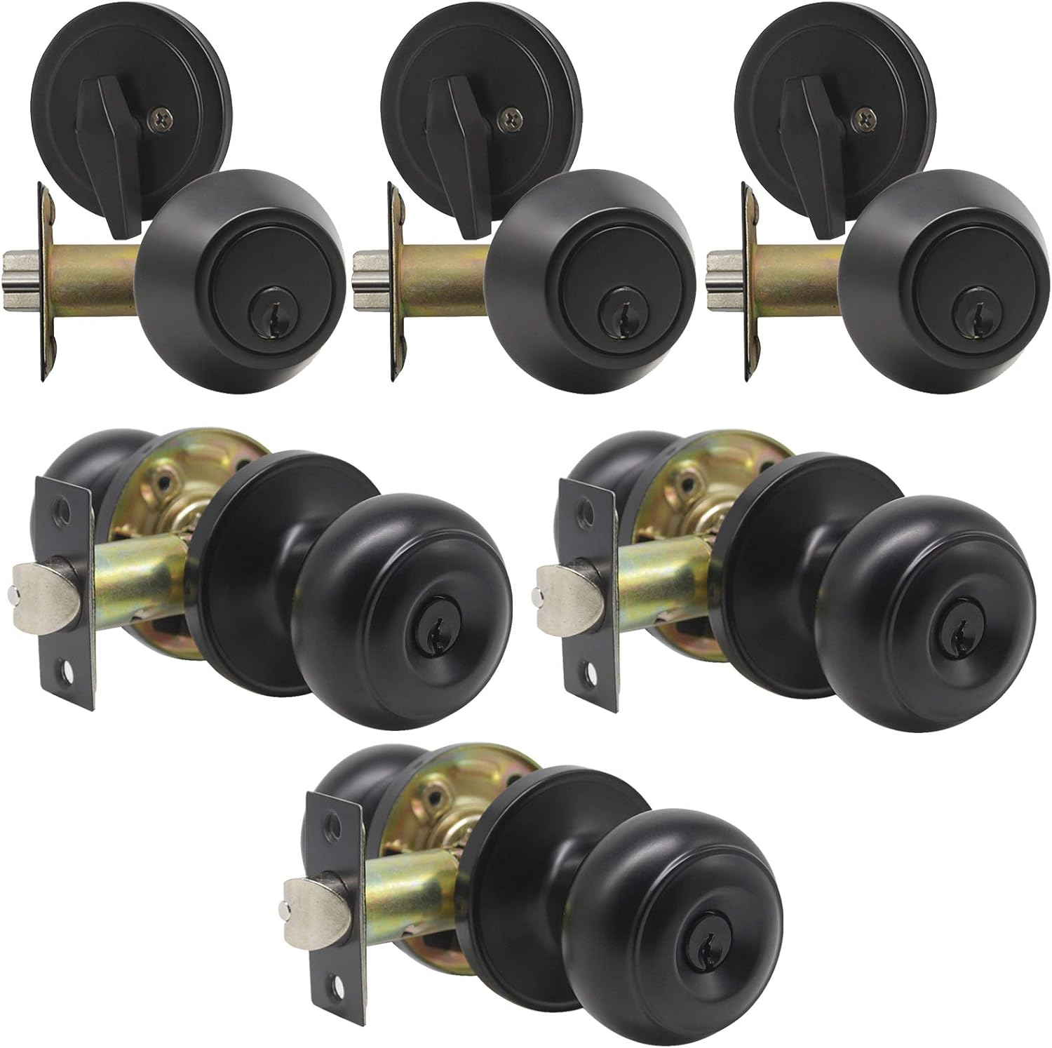 3 Pack Flat Ball Door Knobs and Single Cylinder Deadbolts Combination