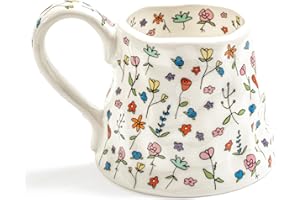 WATNTOW Large Ceramic Coffee Mug, Cute Flower with Handmade Big Handle, 20oz Girly Pink Floral Tea Cup for Gifts, Novelty Irr