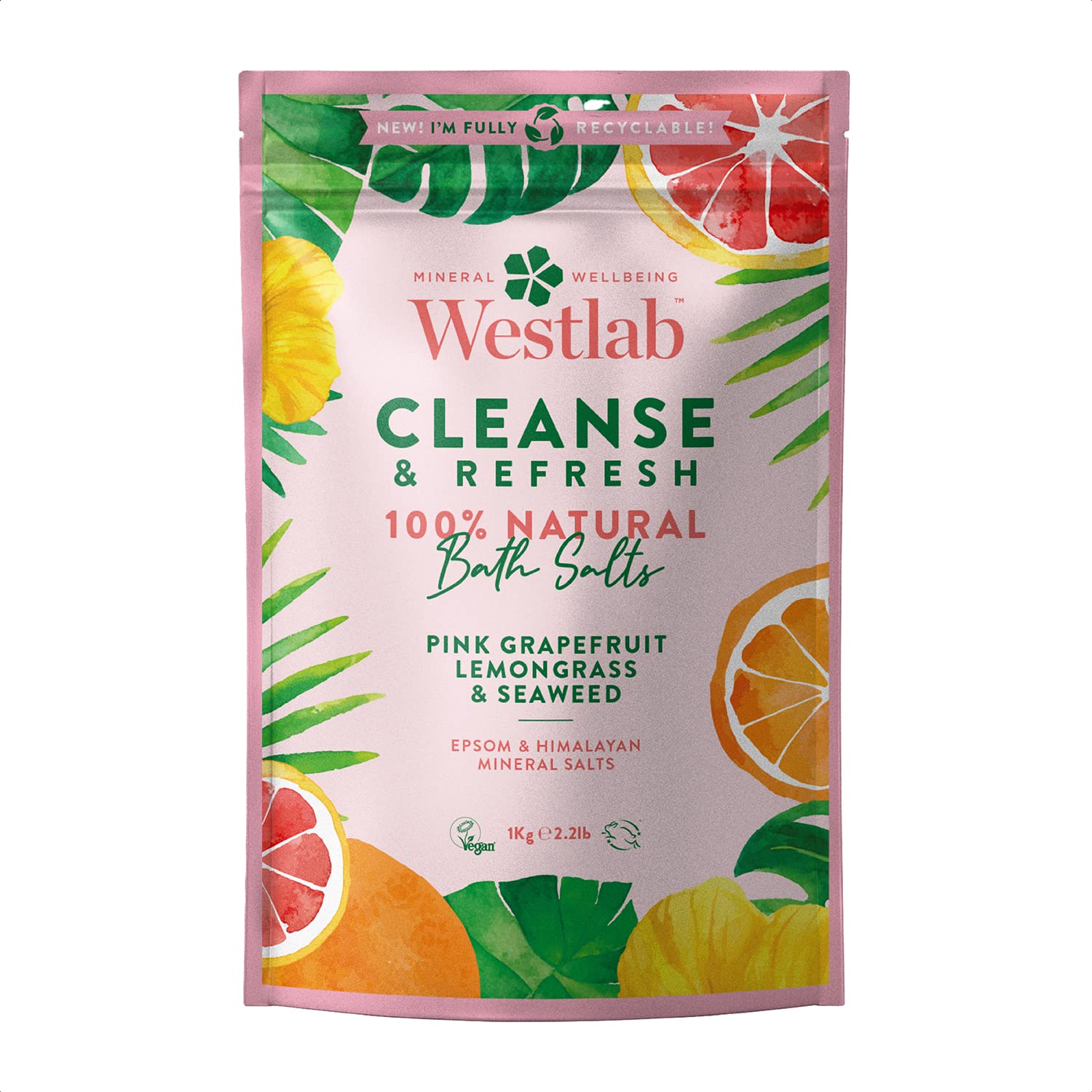 Westlab - 1kg - Cleanse Epsom & Himalayan Salts Infused with Lemongrass & Pink Grapefruit - Perfect for Muscle soaks - 1kg Resealable Pouch