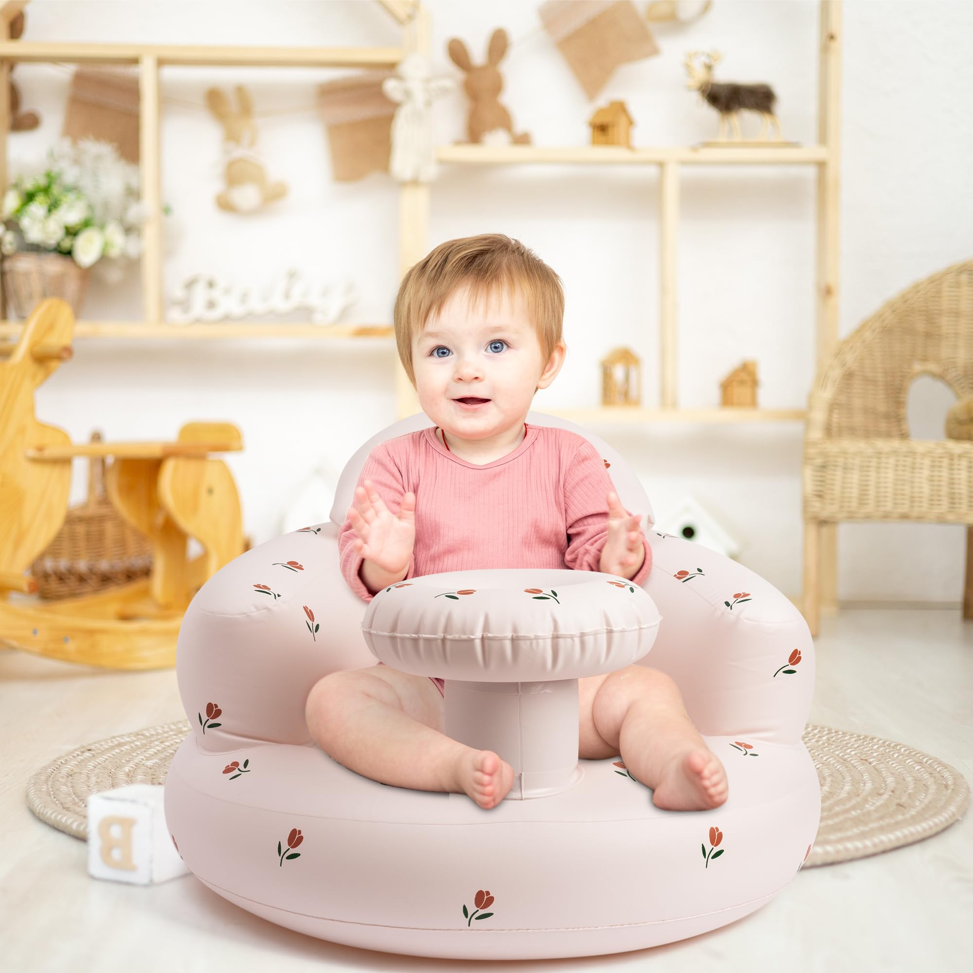 GerdfeiTawtab Inflatable Baby Seat, Flowers Portable Inflatable Infant Chair for Baby 3 Months and Up, Floor Seater Baby Support Seat with Built in Air Pump for Kids Learning to Sit Feeding