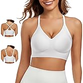 LEYSHE Comfortable Seamless Wireless Racerback Cross Back Pull on Bra V Neck Cami Bralette with Support Sport Everyday Bra