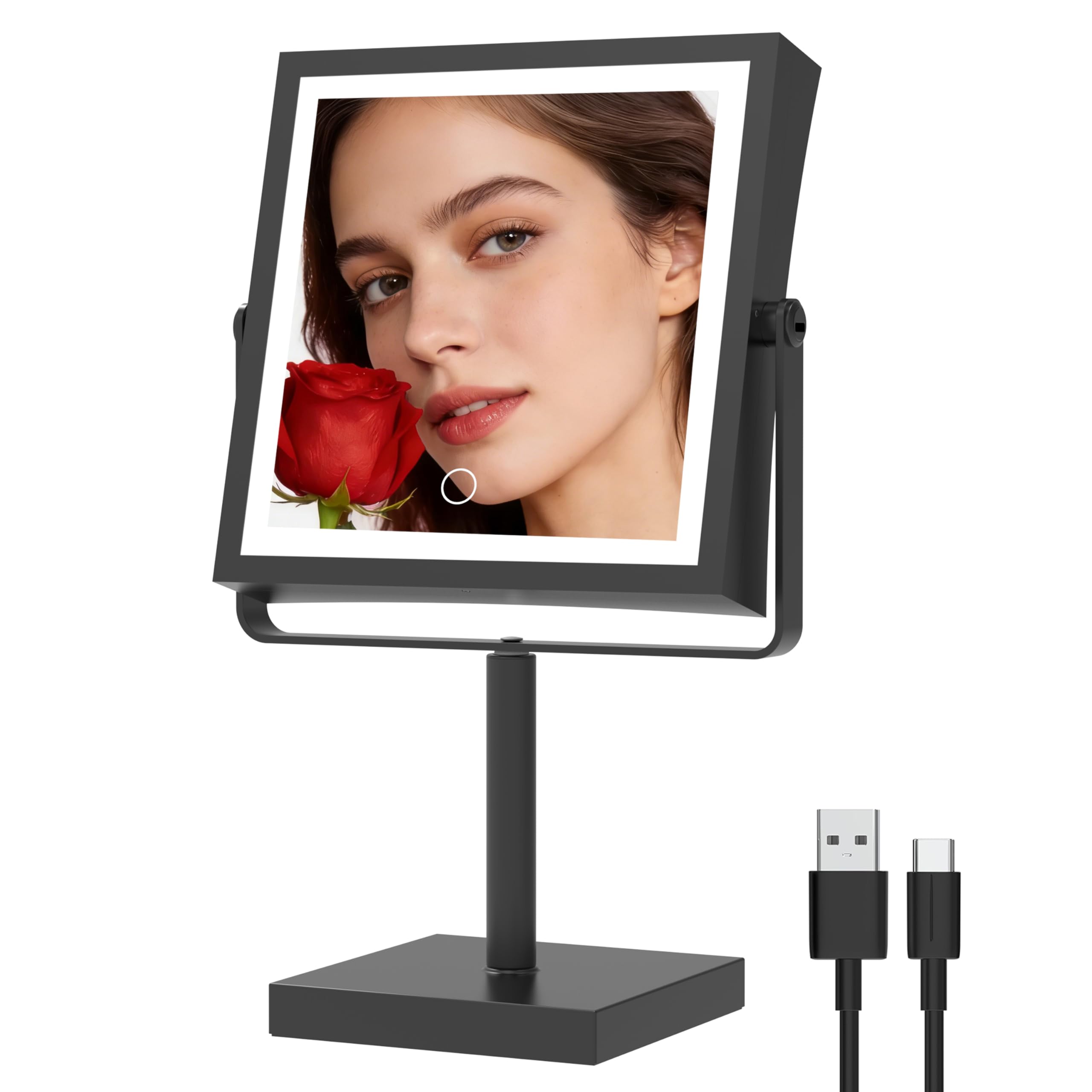 Photo 1 of Ruacq Makeup Mirror with Lights, 4000mAh Rechargeable Magnifying Mirror with Light, 1X/10X, Height Adjustable Bathroom Vanity Mirror, 3 Colors, Adjustable Brightness (Matte Black)
