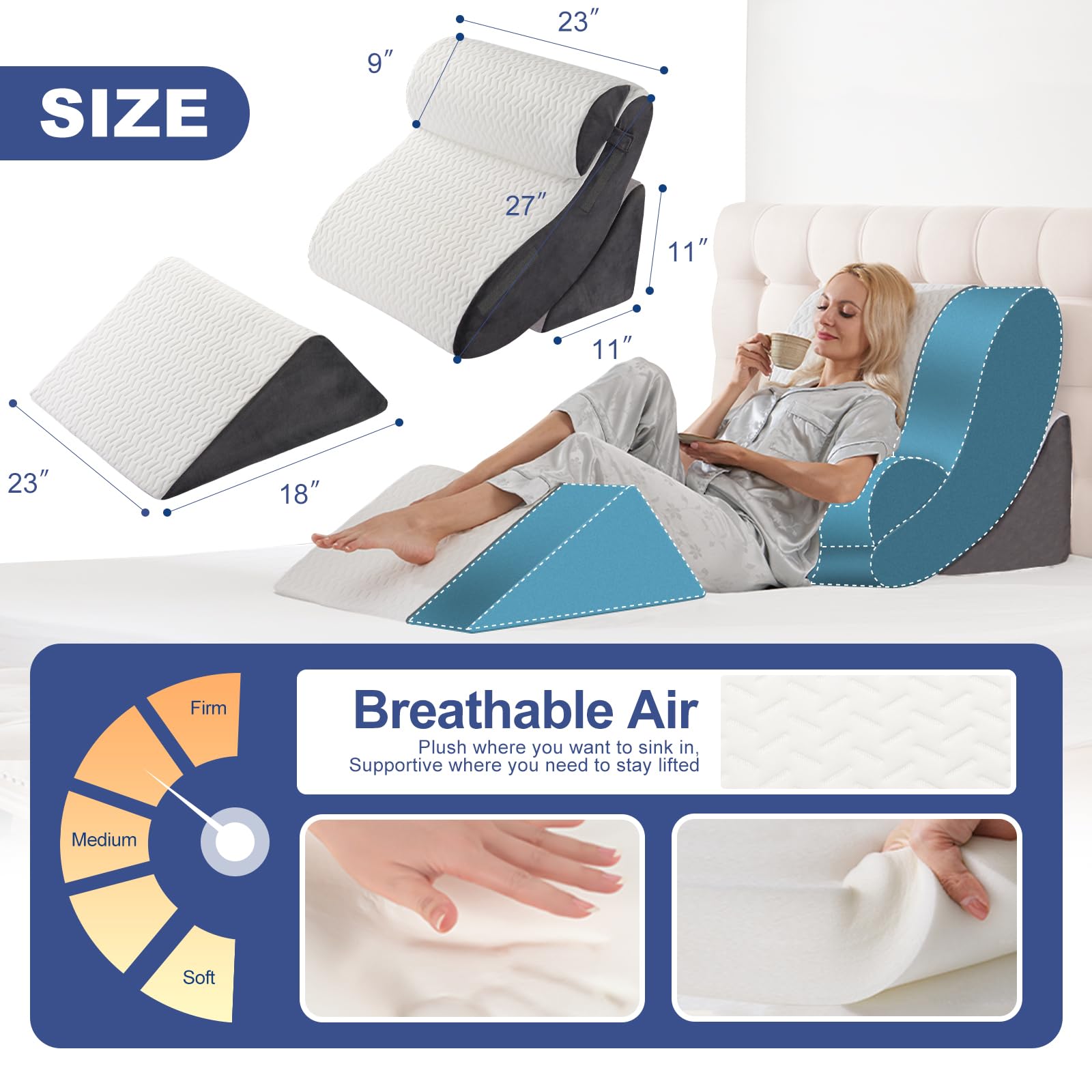 4PCS Orthopedic Bed Wedge Pillow Set for Sleeping, Post Surgery Foam Support Pillows for Back, Neck and Leg Pain Relief, Adjustable Triangle Pillow – Acid Reflux, GERD & Snoring Recovery, White Grey