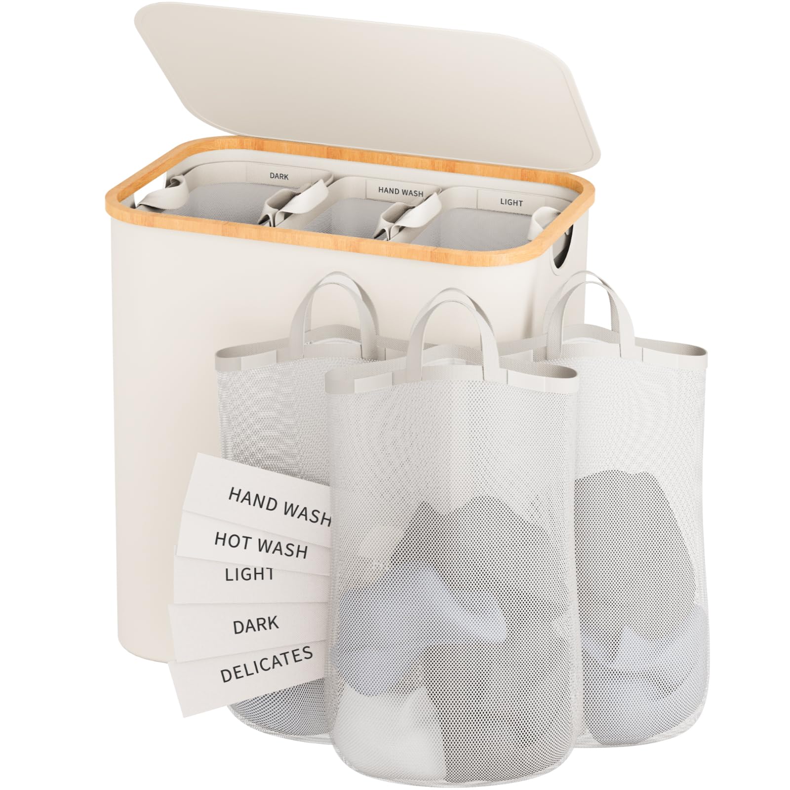Laundry Hamper with Lid, 160L Dirty Clothes Hamper for Laundry Basket 3 Section, Extra Large Laundry Sorter Hamper 3 Compartment with Removable Inner Bags & Labels, Beige