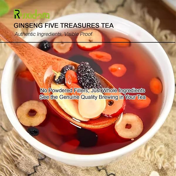 GINSENG FIVE TREASURES TEA KIDNEY TEA | 25 ORGANIC TEA BAGS,TRADITIONAL CHINESE HERBS BLEND | NATURAL WELLNESS SUPPORT WITH RED DATES & WOLFBERRY | CAFFEINE-FREE & ADDITIVE-FREE