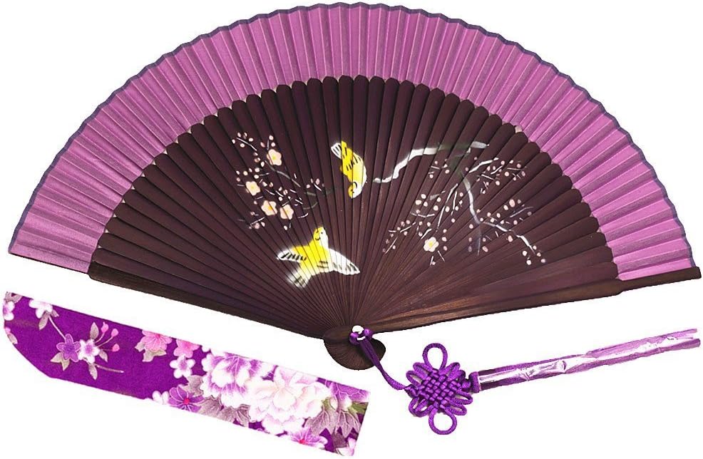 Wise Bird Chinese Japanese Folding Hand Fan, Fashion Accessories Vintage Retro Style 8" Bamboo/Wood/Sandalwood Fan, Silk Pocket Purse Fan, Wedding Favors, Home Decor with Sleeve/Embroidery Tassel-F409
