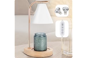 Aimoptg Candle Warmer Lamp with Retro Wooden Base - Home Decor Wax Melt for Small and Large Jar Candles, Candle Heater Lamp with 2 Bulbs, Dimmer and Timer Function-White