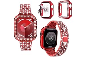 JOHIPI 3-Pack Compatible For Apple Watch Band 38mm 40mm 41mm 42mm 44mm 45mm 46mm 49mm, Bling Jewelry Metal Bands with Diamond Case + Screen Protective Cover For iWatch Series 11/10/9/8/7/6/5/4/3/2/1/SE (Red, 42mm Series 10)