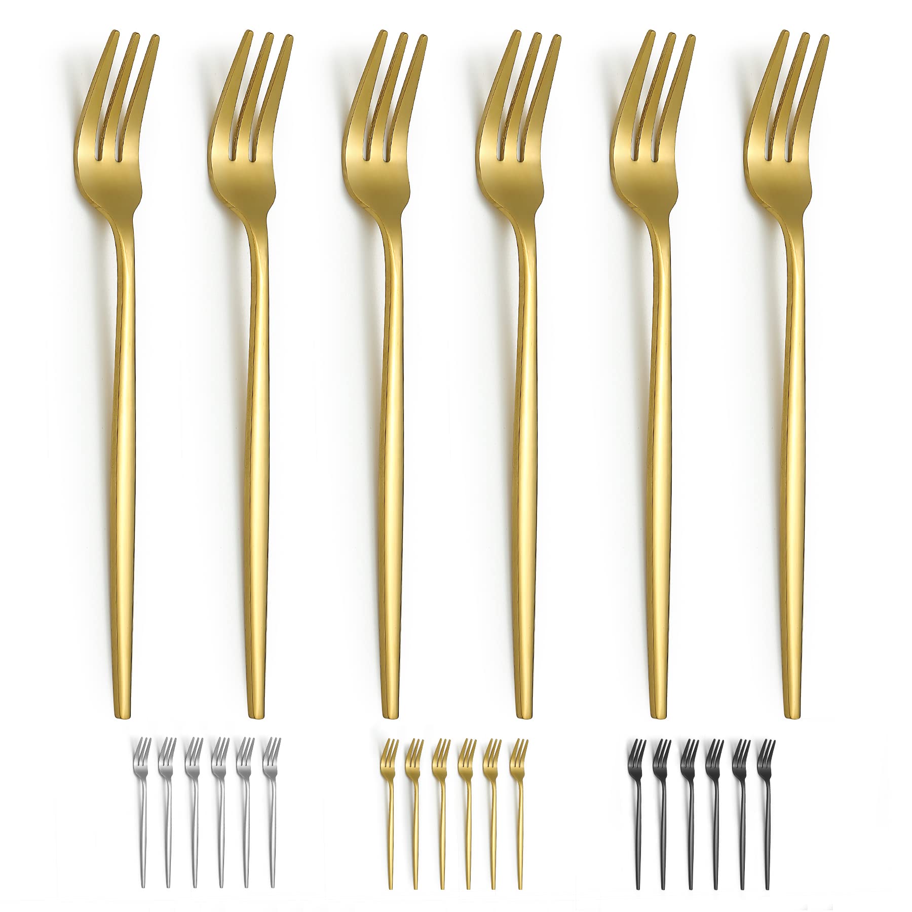Evanda Gold Dessert Forks Set of 6 Pack 6.3"/16.5cm, Golden Titanium Plating Pastry Fork, Family Appetizer Fork for Fruit, Cake, Cheese, Party Trips, Cafes, Restaurants, Easy To Clean, Dishwasher Safe