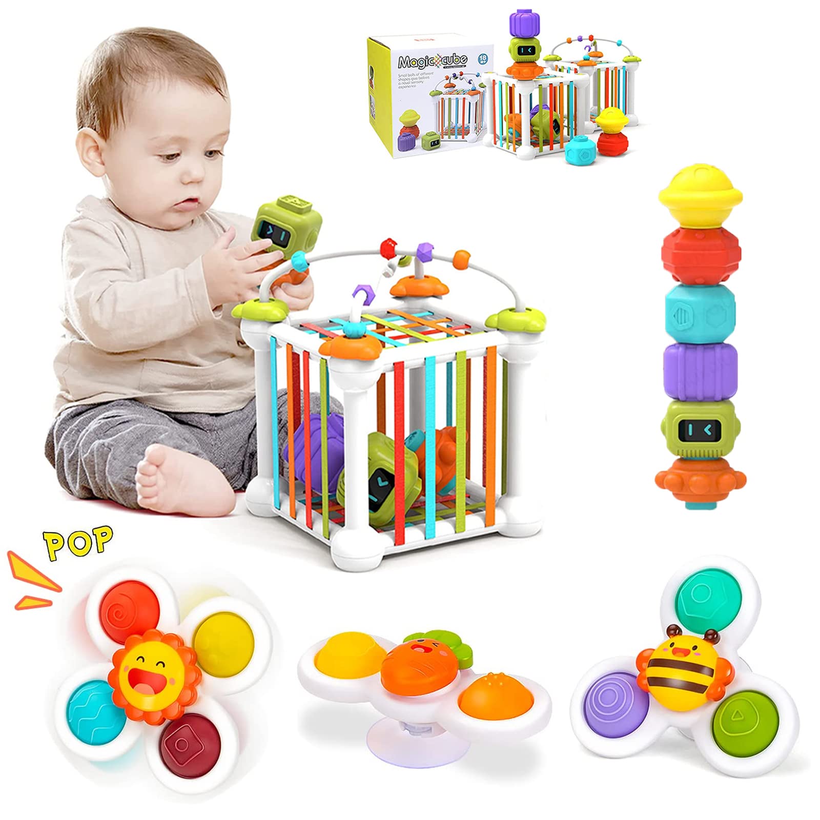 Jokooan Montessori Toy for Babies (12 pcs), Motor Skills Cube, Educational Games Toy for Toddlers from 1-3, Baby Toy, Shape Sorting Game, with 3 Suction Cup Spinning Tops and 6 Multisensory Shapes