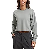 CRZ YOGA Womens Fleece Cropped Sweatshirts Crewneck Long Sleeve Double Raw Hem Workout Casual Pullover Tops