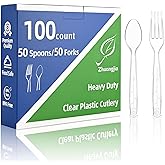 100 Count Plastic Silverware Heavy Duty 50Forks50Spoons | Shatterproof BPA-Free Disposable Cutlery Heat Resistant Disposable Plastic Utensils for Catering & Events, Party Supplies