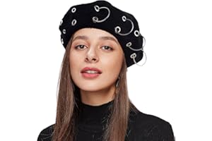 YABINA ACCESSORY Wool Black Beret Hat - Silver Ring Piercing Rock Beret (Black)