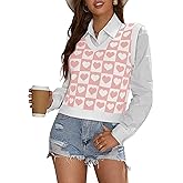 COCCKO Women's Heart Print Fashion Tank Top Casual V Neck Sleeveless Cute Valentines Sweater Vest Knit Crop Tops