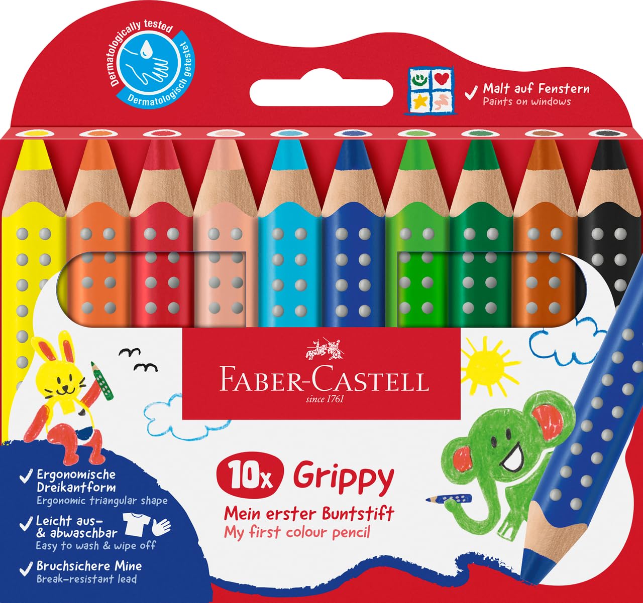 Faber-Castell 110624 Set Grippy, 10 Jumbo Buntstifte für Kleinkinder, leicht abwaschbare Malstifte für Kinder, ergonomische dreieckige Form, dicke Buntstifte, 10mm icke Mine