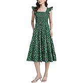 Women's Floral Smocked Midi Dress Square Neck Ruffle Strap Sleeveless Flowy A-Line Long Beach Sundress