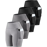 CHRLEISURE Womens Biker Yoga Shorts with Pockets: High Waisted Tummy Control Spandex Workout Athletic Gym Shorts 4 Packs