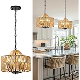 ZSDHXi 12.5” Rattan Pendant Light Fixtures, 4-Light Boho Chandelier with Woven Drum Shade, Farmhouse Dining Room Ceiling Hang