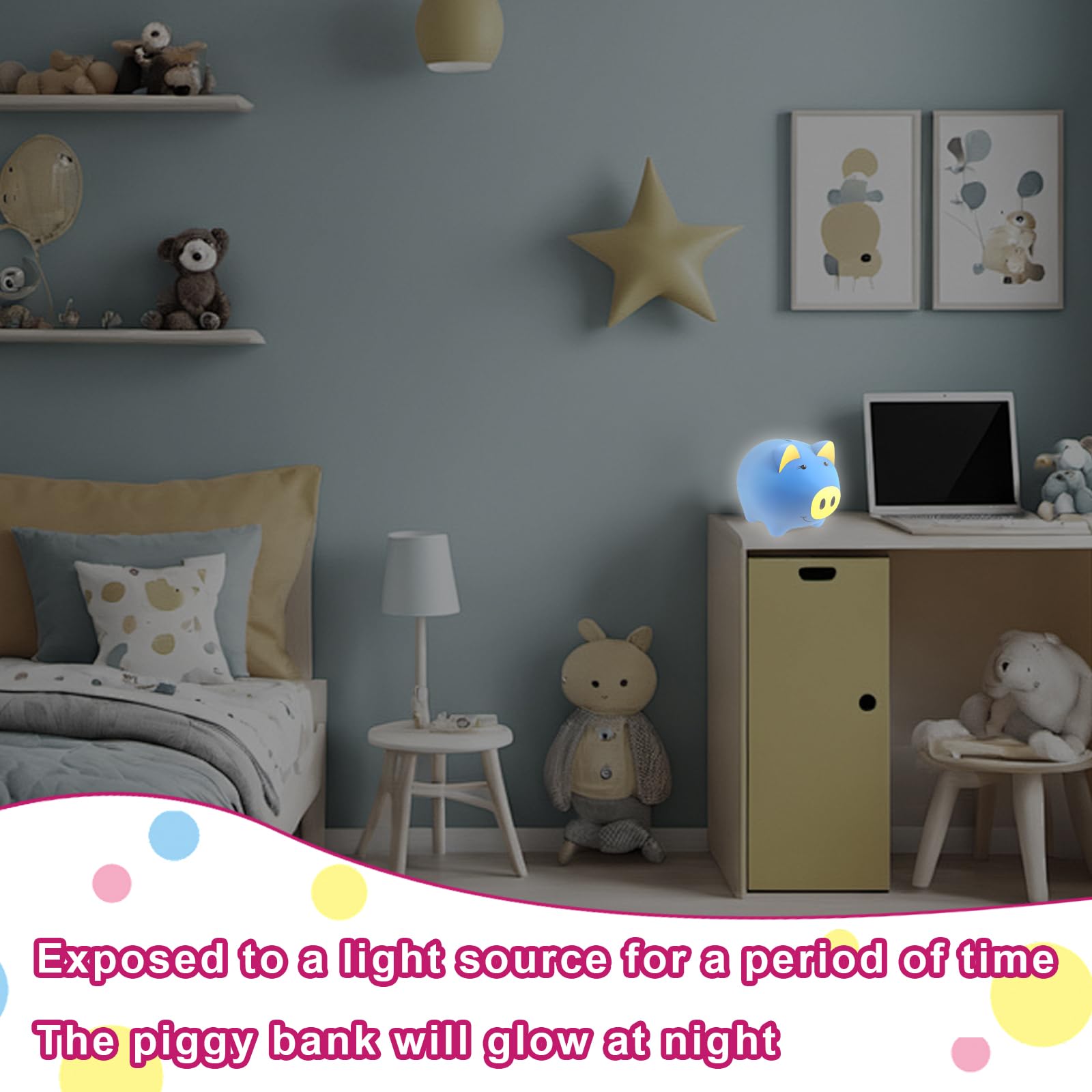 Glow in The Dark Magic Piggy Bank for Toddlers - Unbreakable Plastic Money Bank with Pig Shape for Kids & Adults - Cute Coin Savings Jar for Boys & Girls - Dark Blue