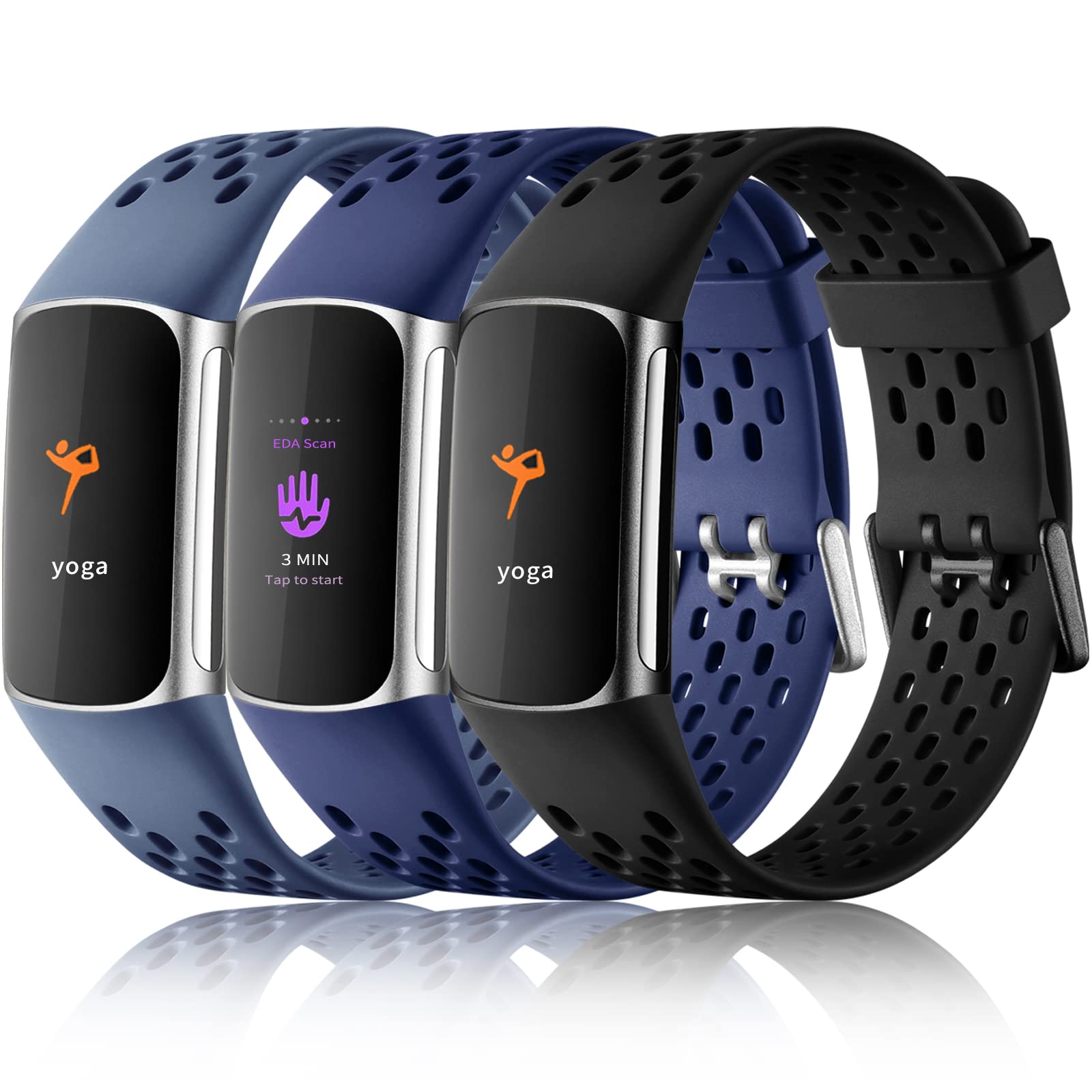 Photo 1 of Maledan Compatible with Fitbit Charge 6/ Charge 5 Bands Women Men - Waterproof Sport Band Breathable Strap Replacement Wristbands for Fitbit Charge 6/ Charge 5 Accessories, Black/Navy Blue/Blue Gray
