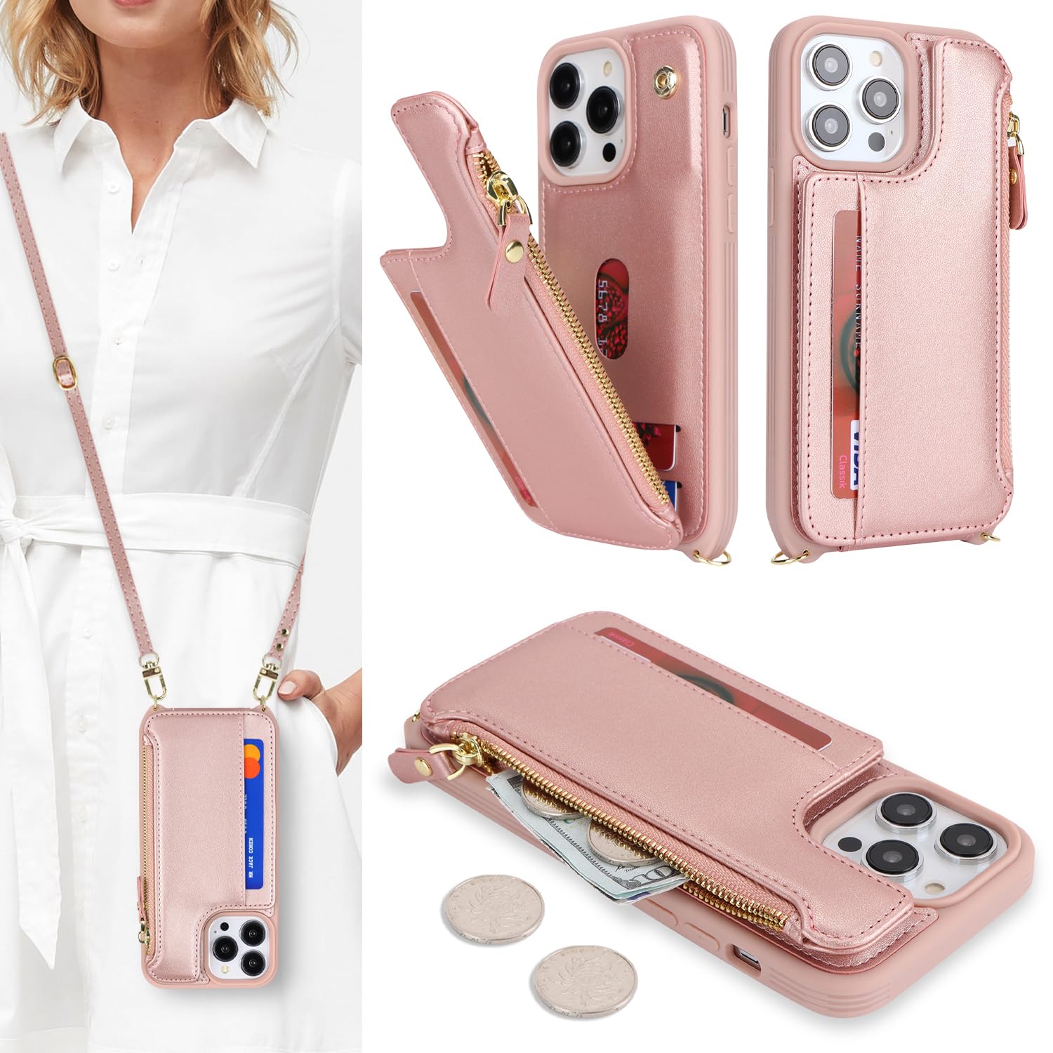 SailorTech for iPhone 15 Pro Phone Case with Credit Card Holder for Women, iPhone 15 Pro Leather Case Wallet Crossbody with Credit Card Slots Zipper Shockproof Case for Men - Rose Gold