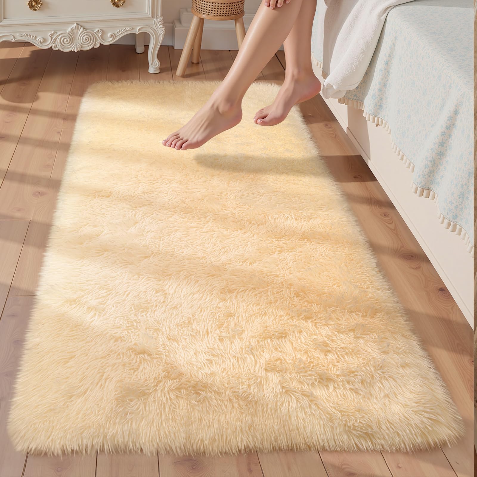 Sour Lemon Rugs Living Room 60x120cm, Beige Runner rug for Bedroom, Washable Anti Slip Fluffy Rug Shaggy Soft Modern Floor Carpets Mat Beside Rugs for Kids Hallway Living Room โ image 1
