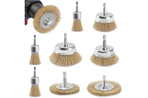 POLIWELL Wire Wheel Cup Brush for Drill, 9 Pack Carbon Steel Bristles Wire Brush Set Coarse Crimped Abrasive Brass Coated Brushes with 1/4 Inch Hex Shank for Rust Removal, Corrosion, Paint Cleaning