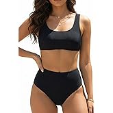 Holipick Women High Waisted Bikini Set Two Piece Scoop Neck Swimsuit Criss Cross Back Bathing Suit